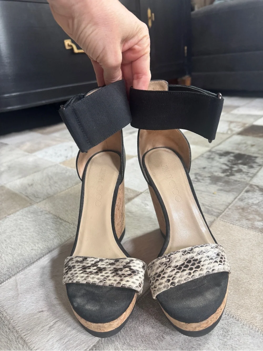 Jimmy Choo Black and Snake-Print Cork Wedge Sandals